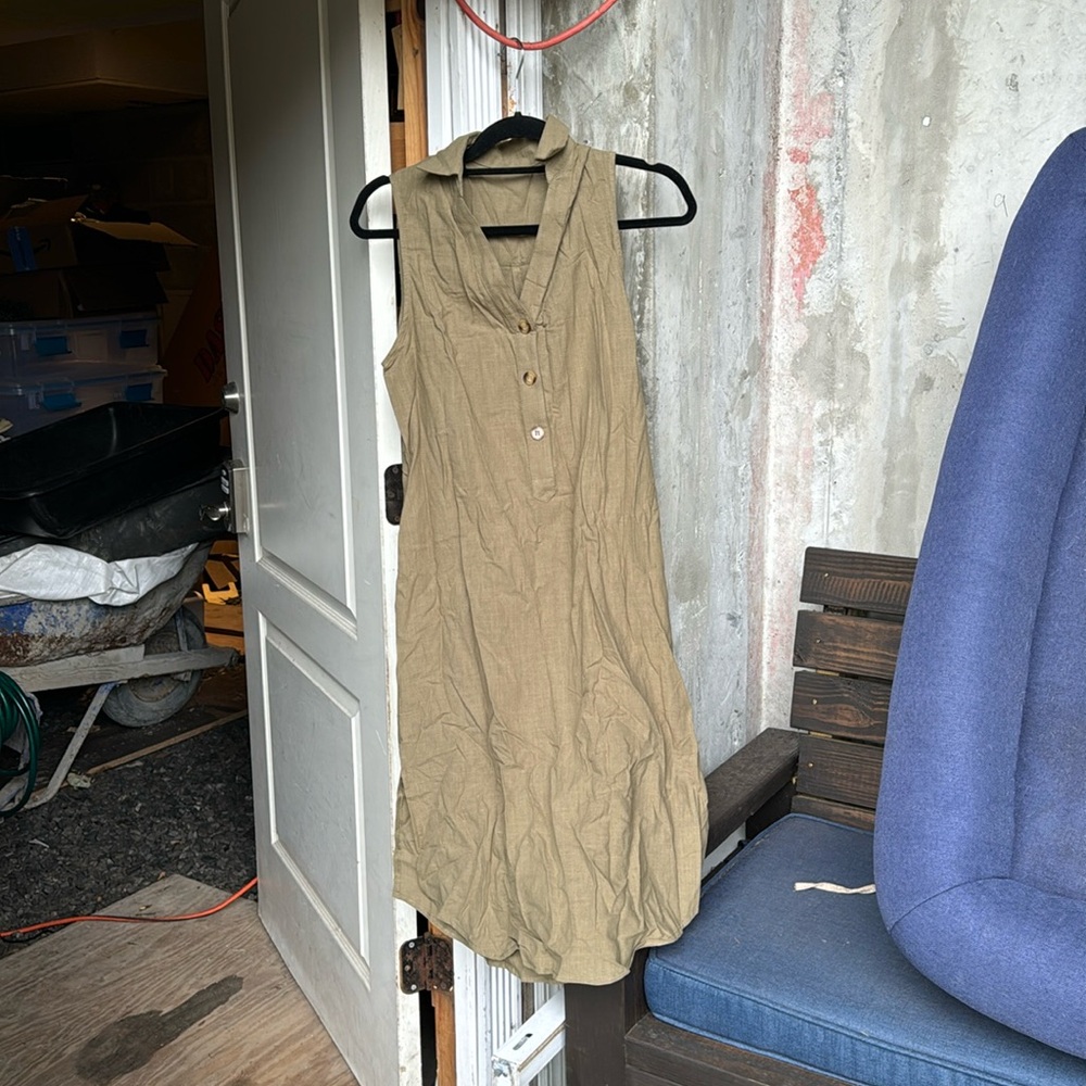 Women's Linen Sleeveless Shirt Dress V Neck small army green